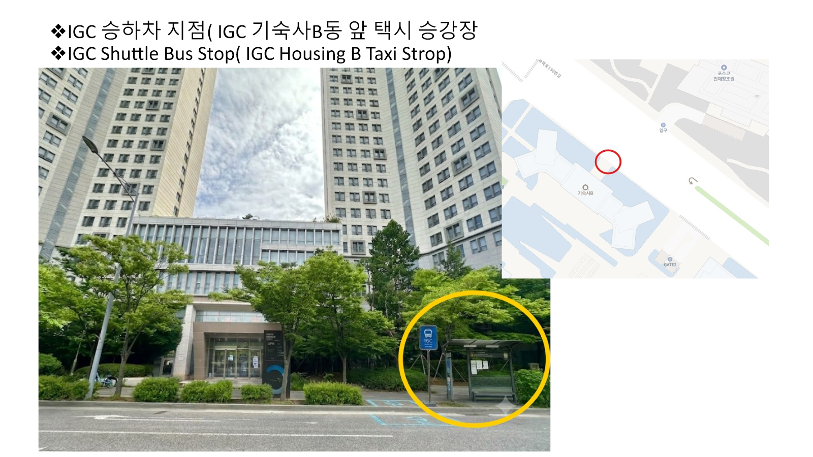 IGC 셔틀버스 승하차 지점인 IGC 생활관 B동 앞 택시 승강장의 현장 사진과 위치 지도.
